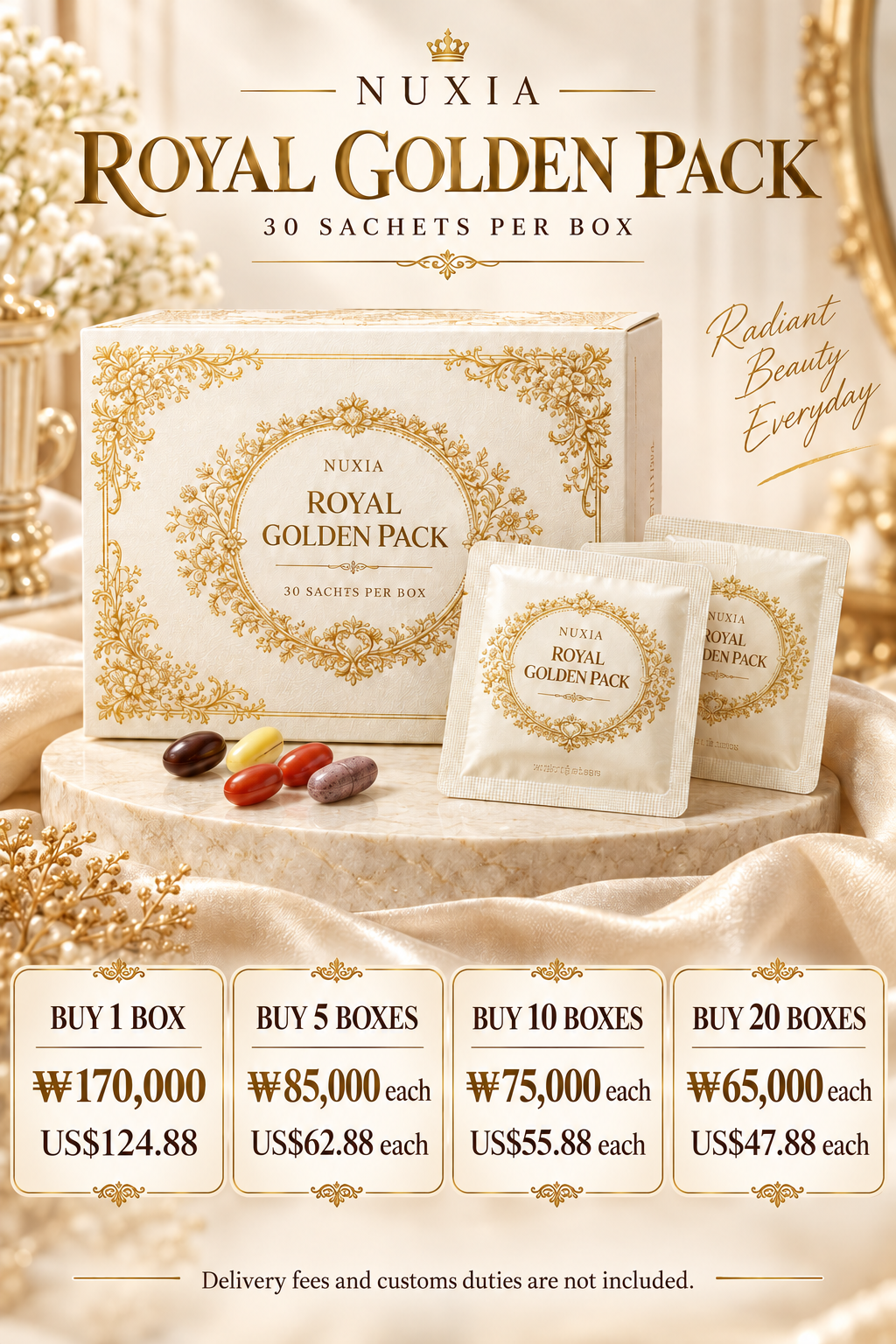 NUXIA Royal Golden Pack box with individual sachets and quantity prices