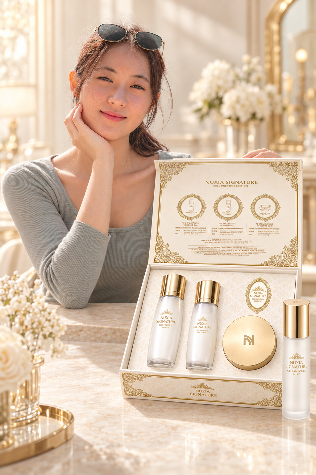 NUXIA model presenting the Signature Cell Vital Skincare Set
